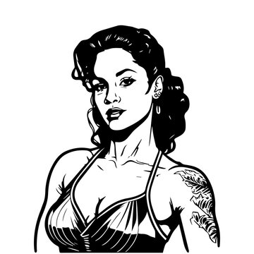 A stylish Chicano girl in black and white, rendered in intricate Hand drawn line art illustration