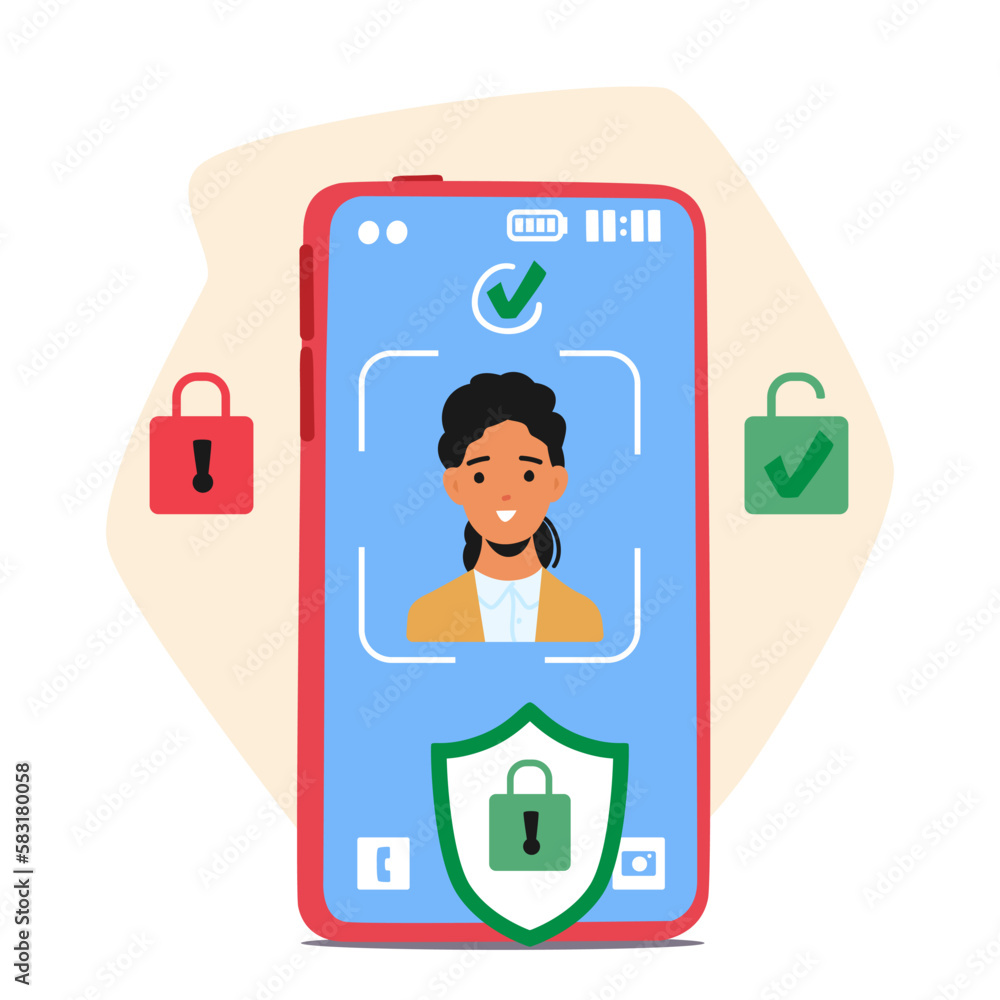 Poster smartphone screen displaying image of female face with green and red padlocks and shield. concept of