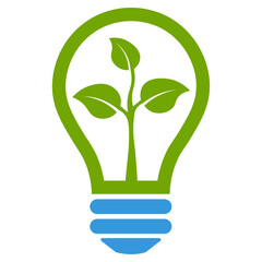 Light bulb, green and blue color eco friendly energy icon with leaf. Sustainable, renewable, logo concept of green energy and environmental friendly sources graphic, isolated on white background.