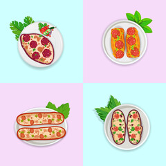 Creative Bread Pizza Illustrations Vector Set Vegetable Delicious Tomatoes Leaf Meat Cookery Plate Isolated Draw Element And Icon.