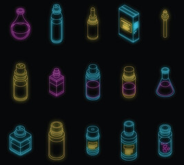Essential oils icons set. Isometric set of essential oils vector icons neon color on black