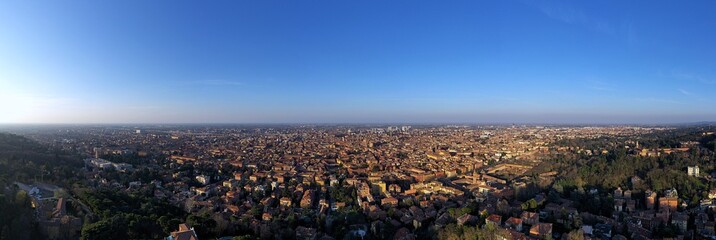 Aerial video of Bologna city center at sunset, Emilia Romagna, Italy