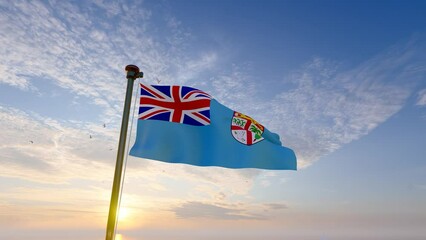 Flag of Fiji waving in the wind, sky and sun background. Fiji Flag Video. Realistic Animation, 4K UHD. 3D Animation