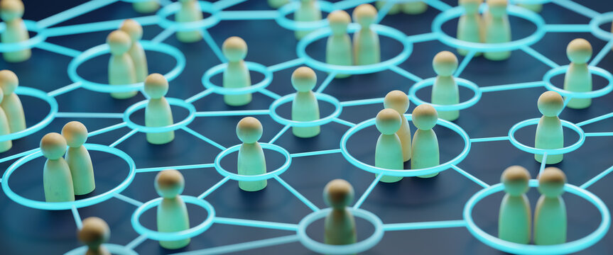 Social networking scheme,global structure networking and data exchanges customer connection,Global social network.Social contacts of people connected by nodes and lines.3d render and illustration.