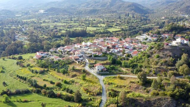 Aerial Drone footage of Akapnou village. Limassol District, cyprus
