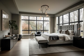 interior of a modern bedroom with chandelier. Generative AI
