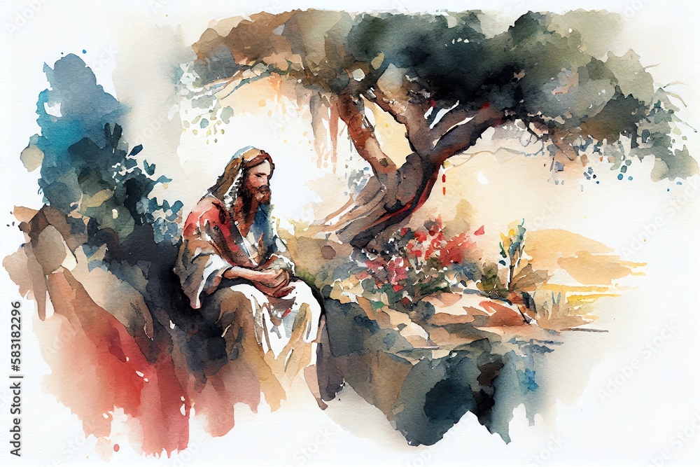 Sticker watercolor illustration of a jesus christ praying in the garden of gethsemane painting. generative a