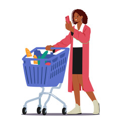 Young Woman Use Cellular while doing Shopping in Supermarket. Black Female Teenager Character Texting Sms or Call