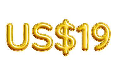 US$19 or Nineteen Dollar 3D Gold Balloon. You can use this asset for your content like as USD Currency, Flyer Marketing, Banner, Promotion, Advertising, Discount Card, Pamphlet, Template and anymore.