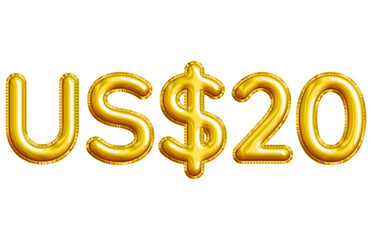 US$20 or Twenty Dollar 3D Gold Balloon. You can use this asset for your content like as USD Currency, Flyer Marketing, Banner, Promotion, Advertising, Discount Card, Pamphlet, Template and anymore.