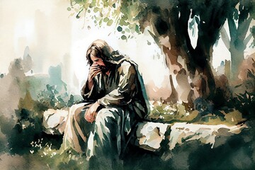 Watercolor Illustration of a Jesus Christ Praying In The Garden Of Gethsemane Painting. Generative AI