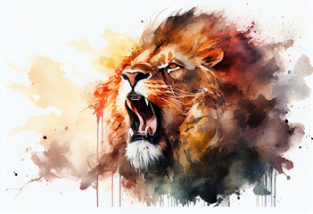 Watercolor Illustration of a In The Face Of A Beast In The Form Of An Imposing Lion Opening Its Mouth Illustration. Generative AI