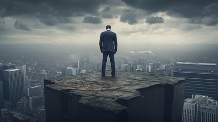 The businessman stands on the edge of the roof and looks at the city, the concept of success in business created with generative AI technology