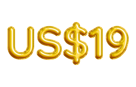 US$19 or Nineteen Dollar 3D Gold Balloon. You can use this asset for your content like as USD Currency, Flyer Marketing, Banner, Promotion, Advertising, Discount Card, Pamphlet, Template and anymore.