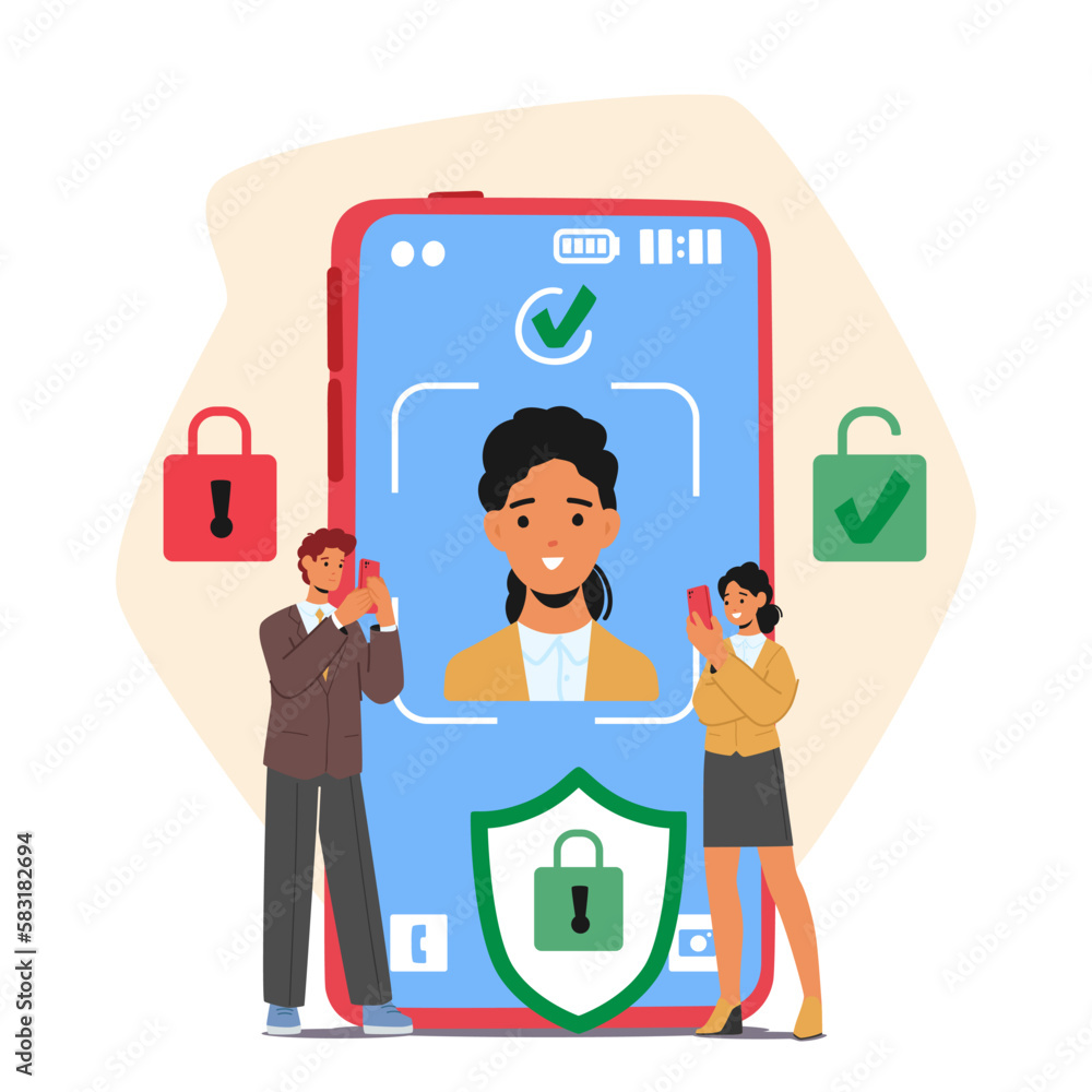 Poster tiny characters stand near huge phone screen with personal data displayed. concept of data security 