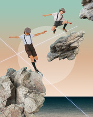 Two boys, kids, browther in retro clothes playing, jumping over the rocks over abstract background....