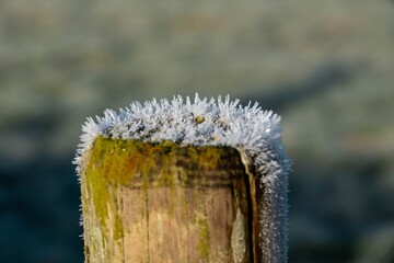 close up of ice crystals frost  on a fence post with a blurred background