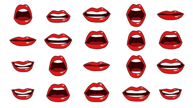 Talking Red Lips video pattern. Animated red lips. Looped animation with alpha channel.
