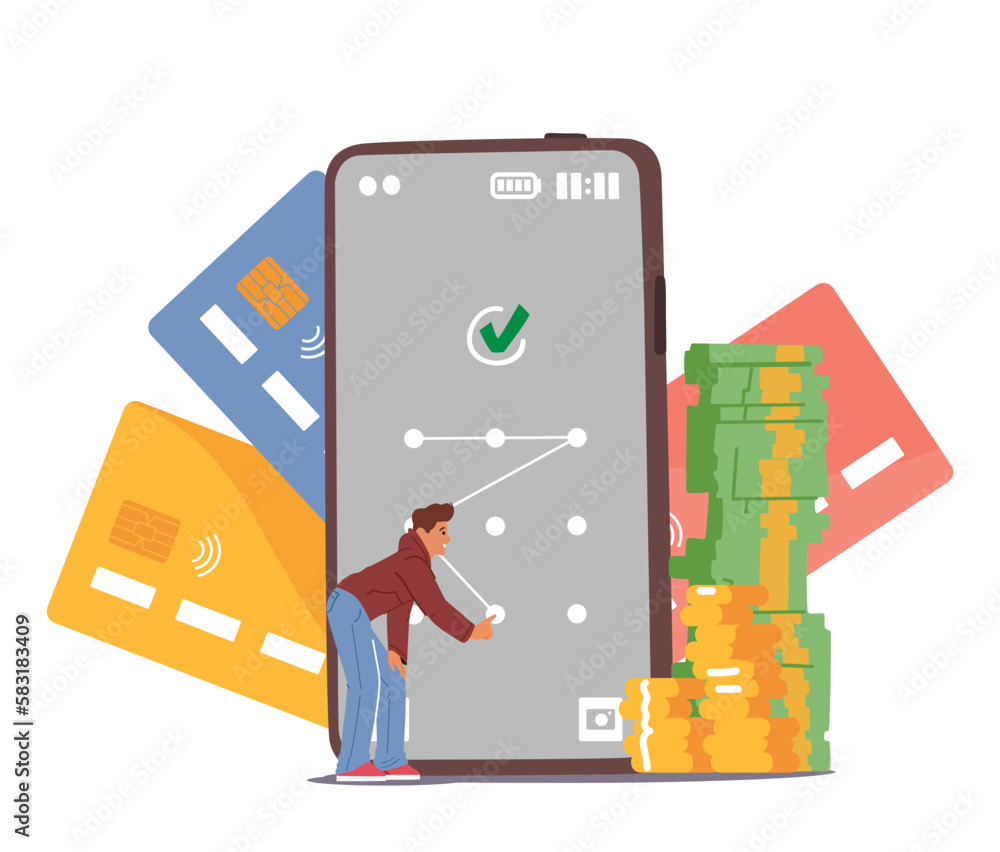 Poster tiny male character enter password pattern on huge smartphone screen. data protection concept for di