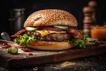 Deliciosa hamburguesa gourmet con fondo oscuro