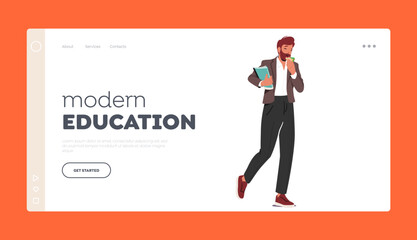 Modern Education Landing Page Template. Male Teacher Character Holding Books While Eating On The Go. Busy School Tutor