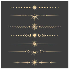 Mystical and tarot style book vignettes, dividers and separators, set of esoteric lunar delimiters, vector - obrazy, fototapety, plakaty