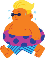 Naklejka premium Cartoon cute summer boy holding swimming ring in summer time character illustration vector