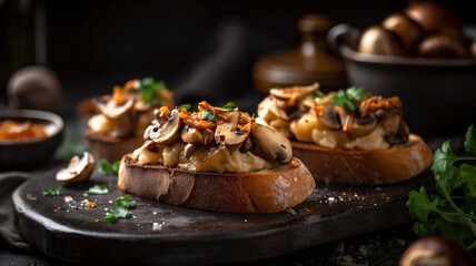 Obraz na płótnie Canvas Mouthwatering Mushroom Bruschetta with Cheese and Walnuts
