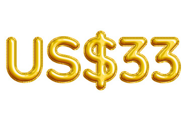 US$33 or Thirty-three Dollar 3D Gold Balloon. You can use this asset for your content like as USD Currency, Flyer Marketing, Banner, Promotion, Advertising, Discount Card, Pamphlet and anymore.