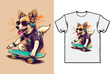 T - shirt design for a dog with a skateboard and headphones
