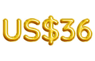 US$36 or Thirty-six Dollar 3D Gold Balloon. You can use this asset for your content like as USD Currency, Flyer Marketing, Banner, Promotion, Advertising, Discount Card, Pamphlet and anymore.