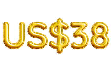 US$38 or Thirty-eight Dollar 3D Gold Balloon. You can use this asset for your content like as USD Currency, Flyer Marketing, Banner, Promotion, Advertising, Discount Card, Pamphlet and anymore.