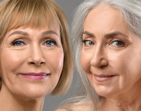 Closeup of two senior women smiling at camera on grey