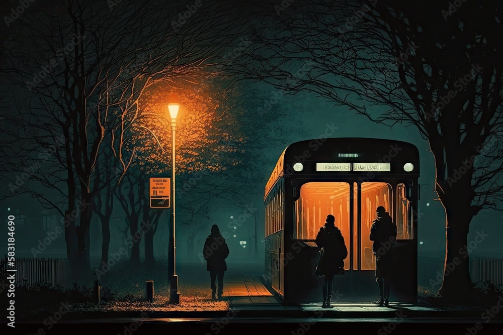 Sticker bus stop, with flickering streetlight and silhouettes of passersby, at night, created with generativ