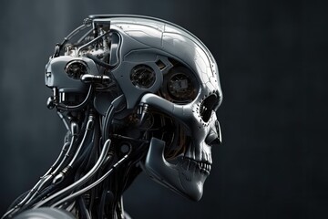 Fototapeta premium Portrait, cyber punk robot, head with cables and electronic components, humanoid. Ai Generative.