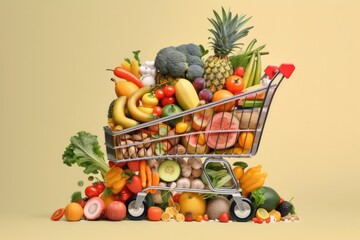 Drawn illustration, shopping cart full with healthy food, Ai Generative.
