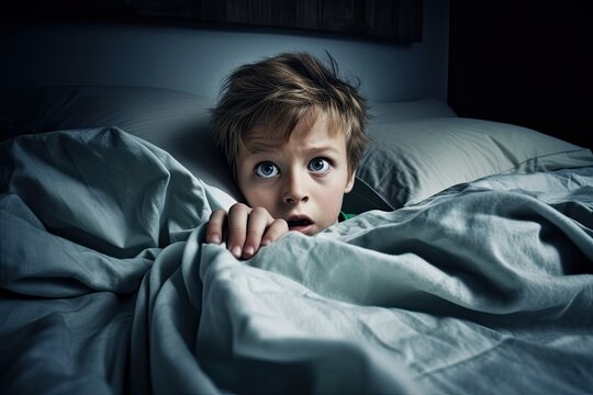 A Boy In Bed Wakes Up Scared Having Nightmares, Night Terror Concept. Ai Generative.