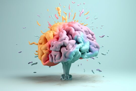 3D illustration, human brain exploding in colours, Ai Generative.