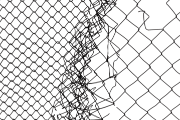 The texture of the metal mesh. Torn, destroyed, broken metal mesh on a white background