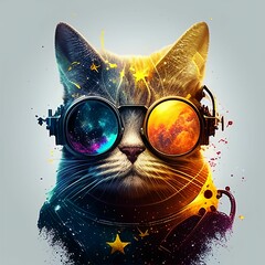space cat, with constellation in the background, centralized with geometric glasses