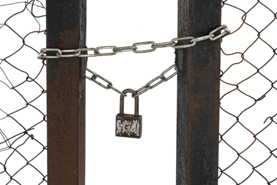 Rusty old padlock on a chain. Gate lock