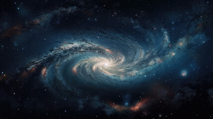 A view from space to a spiral galaxy and stars. Universe filled with stars, nebula and galaxy, generative ai