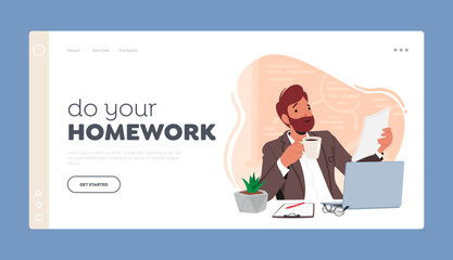 Teacher Check Homework Landing Page Template. Smiling Man With Laptop, Coffee Cup, And Paper Engrossed In Reading