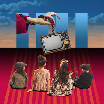 Little stylish kids, boys and girls in retro clothes sitting over abstract background and watching retro TV. Contemporary conceptual art collage. Cartoons. Concept of childhood, dreams, fantasy