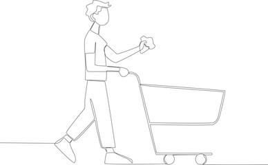 A young man putting vegetables into the trolley. Grocery shopping one-line drawing