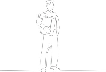 A customer carrying a shopping cart. Grocery shopping one-line drawing