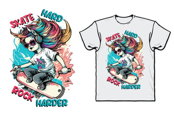Cute girl riding a skateboard and wearing sunglasses and playing music with t-shirt design