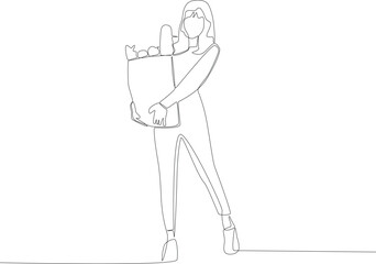 A woman shopping with high heels. Grocery shopping one-line drawing