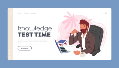 Knowledge Test Time Landing Page Template. Thoughtful Male Teacher Character With Laptop, Engrossed In Reading Paper