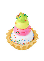 Cake basket tart with four-layer pink, green, white, yellow custard sweet sprinkles side view isolated on white background with clipping path